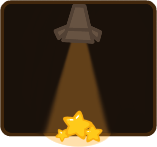 A spotlight shines on three golden stars. there is a dark brown background showing the beam of light from the spotlight.